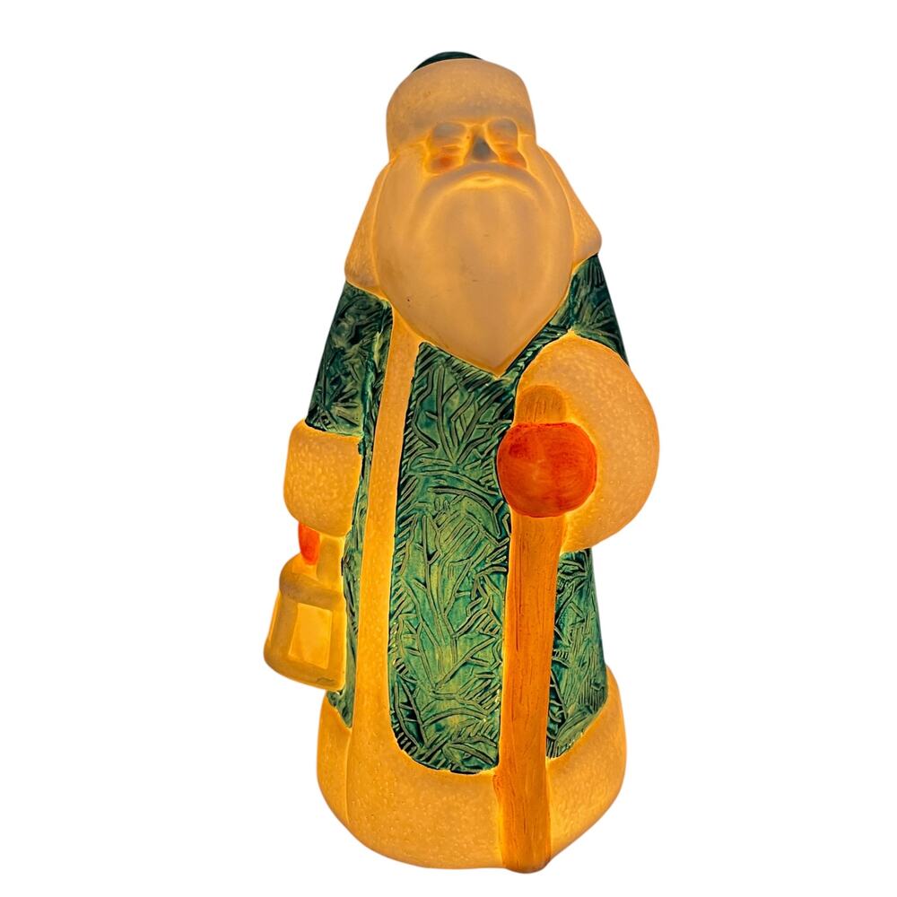 Old World Santa Figurine Ceramic Lighted Blue Robe Christmas Figure w/ Lantern